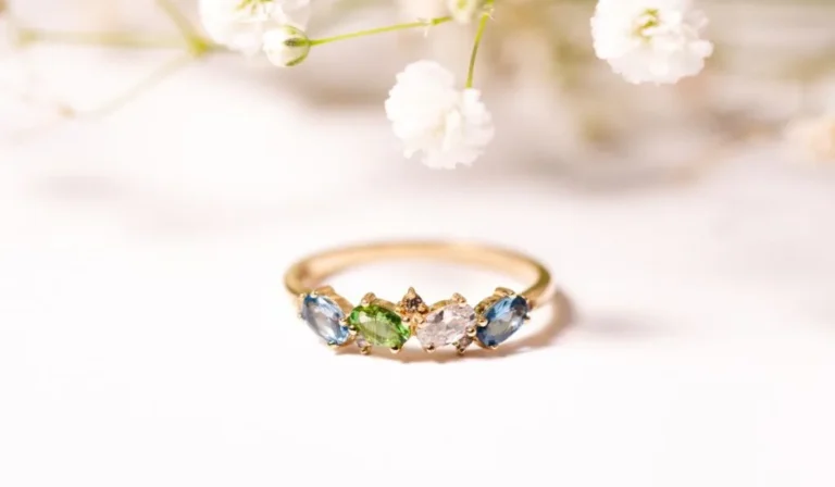 Gold band Ring with 4 coloured birthstone rings